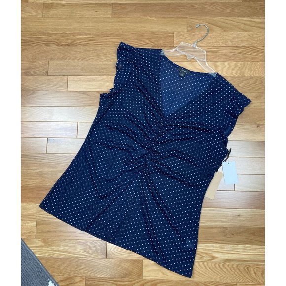 NWT Halogen Navy Ivory Lady Dot Blouse Top Plus XXL Short Sleeve Sheer Ruched - Picture 2 of 7
